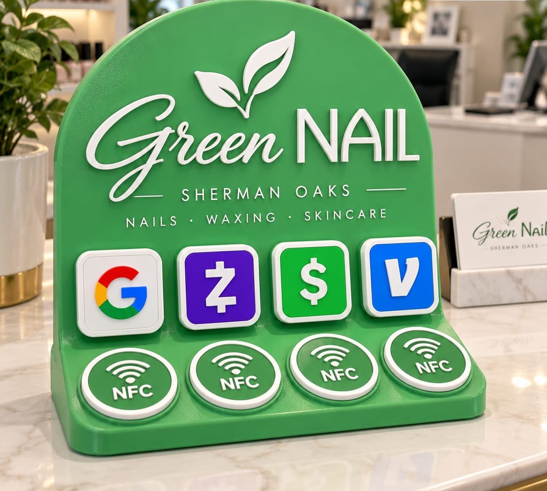 Green Nail Sherman Oaks green countertop stand with four NFC touchpoints for reviews and payments