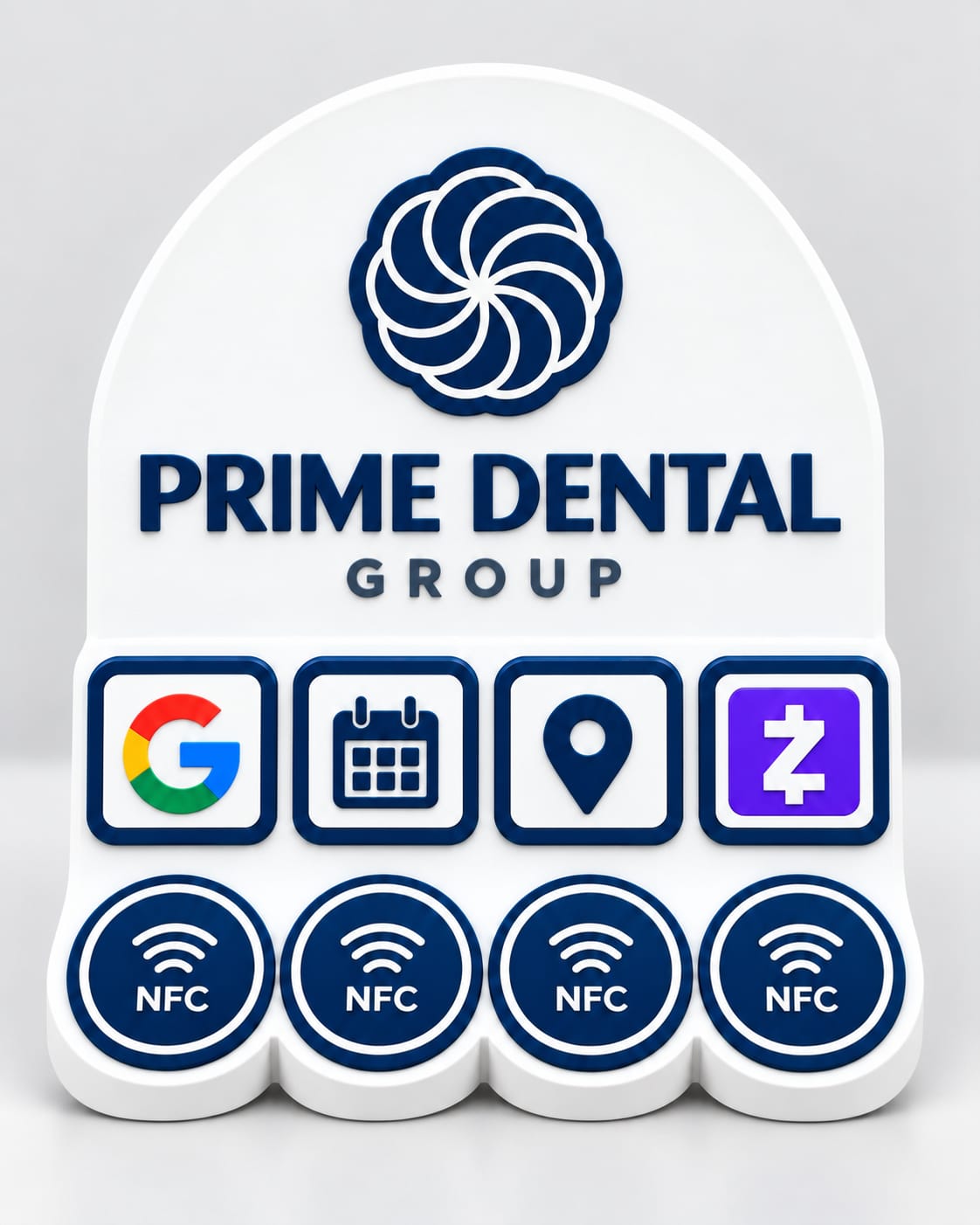 Prime Dental Group white-and-blue stand with NFC touchpoints for reviews, appointments, directions, and payments