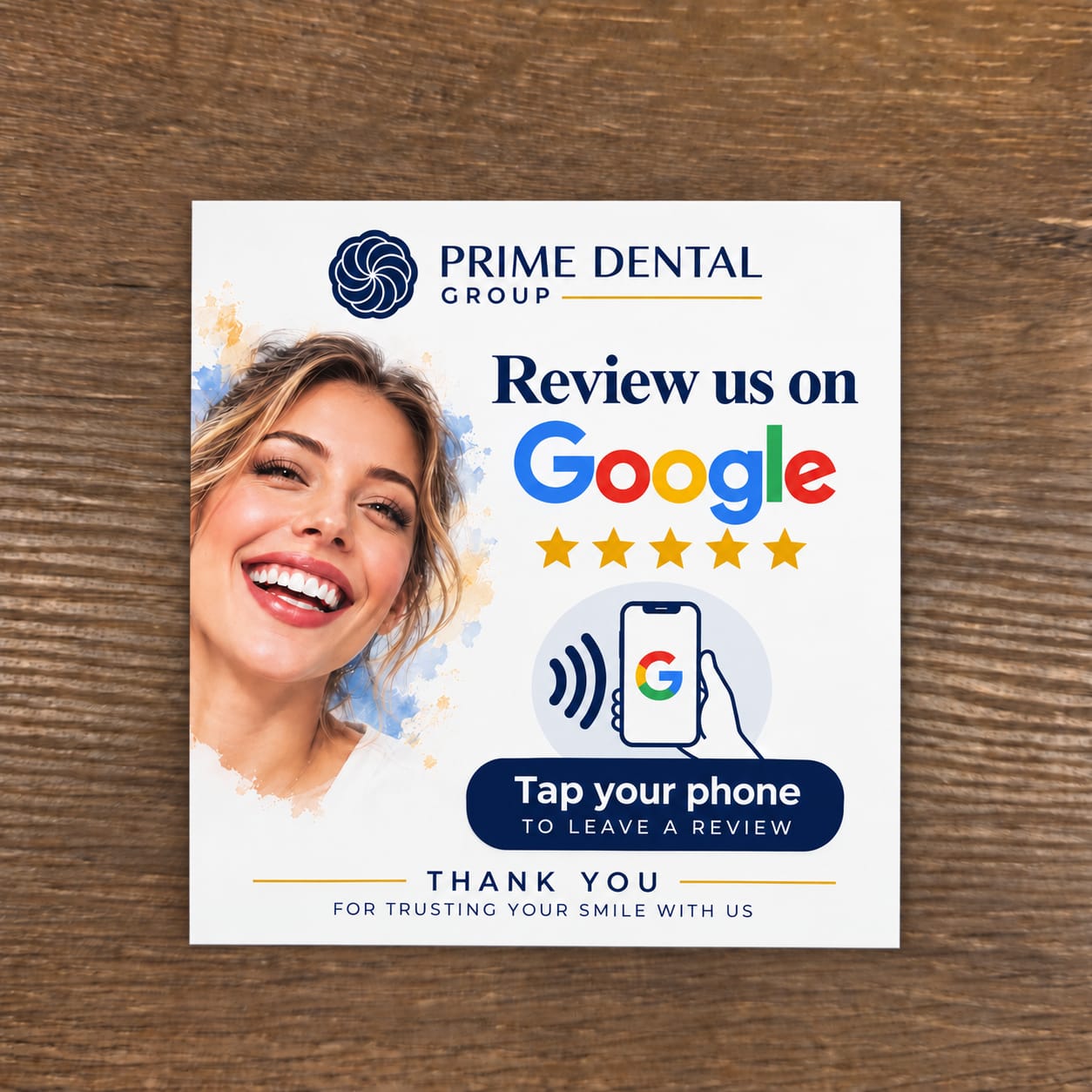 Prime Dental Group Google review sign inviting patients to tap their phone to leave a review